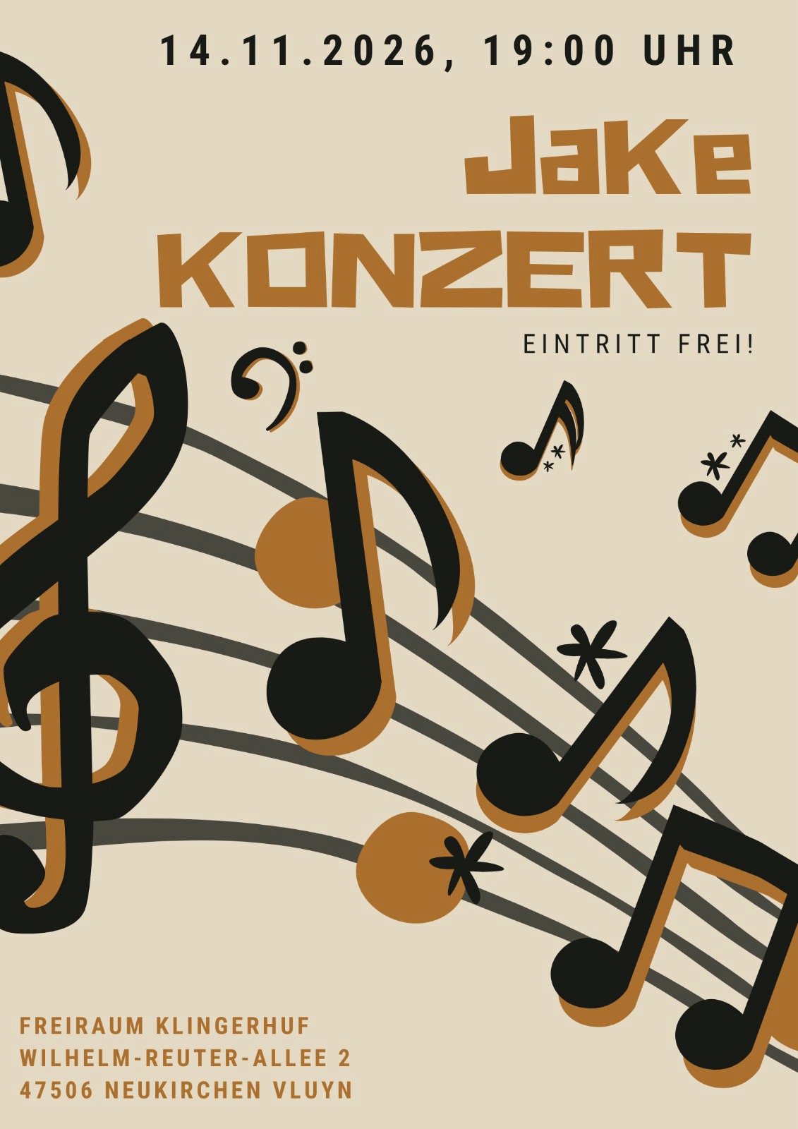 Veranstaltungsplakat für das kostenlose „Jake Konzert“ am 14. November 2026 um 19 Uhr im Freiraum Klingerhuf in Neukirchen-Vluyn.